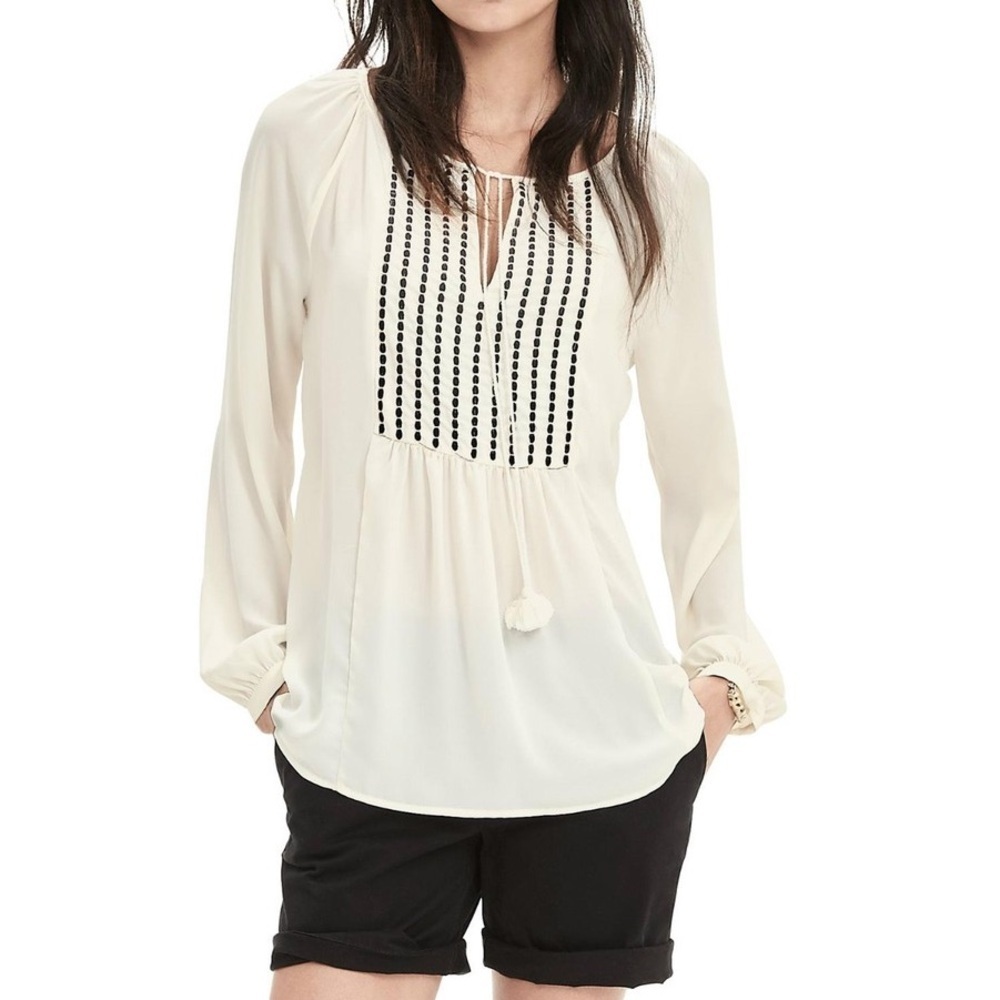 Banana Republic White Black Embroidered Boho Long Sleeve Tassel Blouse Size S